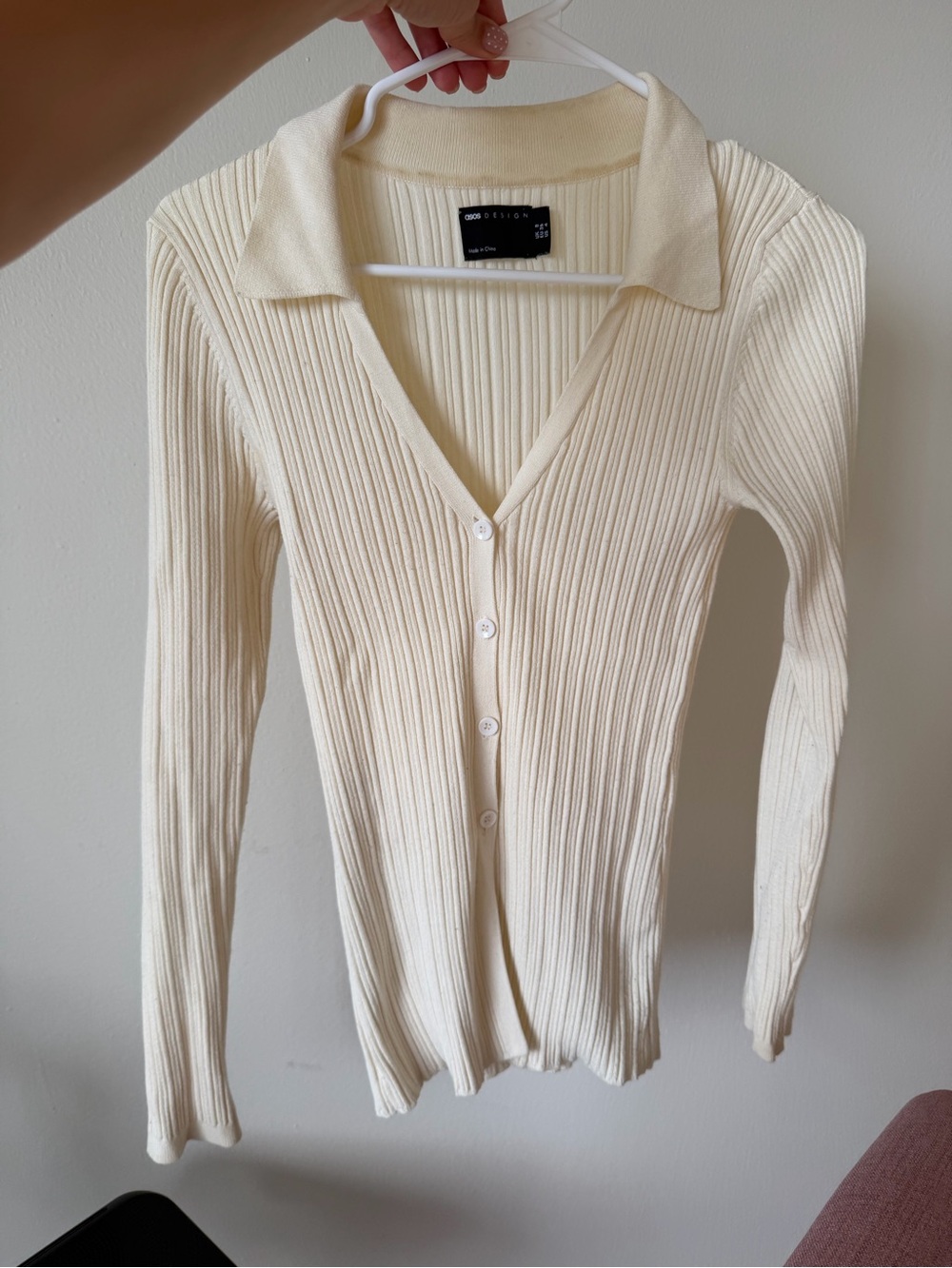 ASOS Cream Ribbed Button-Front Polo Cardigan